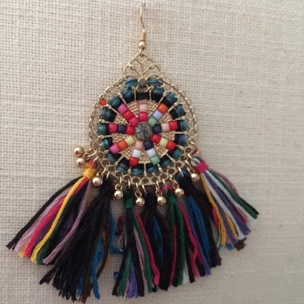 New Anthropologie bead BoHo tassel earrings flamengo mexican colors 4"